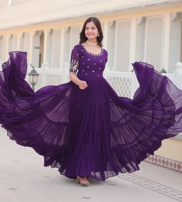 Embroidered Georgette Stitched Flared/A-line Gown  (Purple)