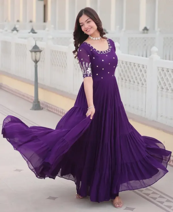 Embroidered Georgette Stitched Flared/A-line Gown  (Purple) - Image 2