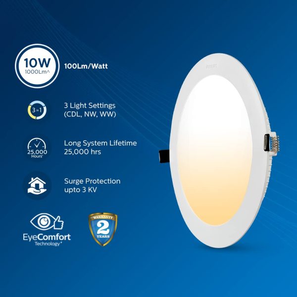 PHILIPS Ultra Glow 10-watt Round LED Downlighter | 3 Colors in 1 Recessed LED Downlight | LED Ceiling Light for Home and Hall | Cut Out: 4 inch, Color: Tunable White, Pack of 24 - Image 2