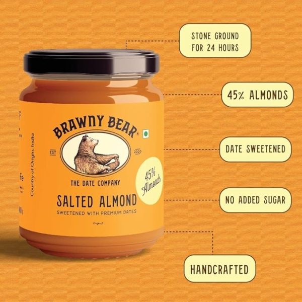 Brawny Bear Peanut Butter, Chocolate Hazelnut Spread & Almond Butter Combo, 100% Natural Sweetened with Dates, Vegan, Smooth Healthy Nut Butter, No Added Sugar & Preservative Pack of 3-200 gm each - Image 2