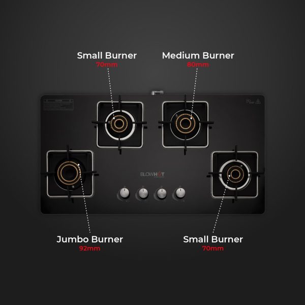 BLOWHOT Premium Hybrid Quartz 4 Burner Gas Stove Hob | Auto-Ignition | Hybrid Design | Toughened Glass Top | SABAF Gas Valve | 5 Years Warranty on Glass and Gas Valve | 2 Years Warranty on Burner