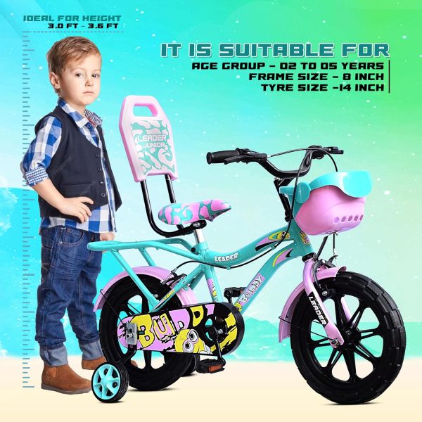 Leader Buddy Kids Cycle 14T with Training Wheels (SEMI-Assembled) for Boys and Girls Ideal for Age Group 2-5 Years | Frame: 8 Inches (14T, Sea Green_Light Pink) - Image 2