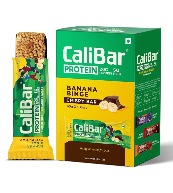 CaliBar 20g Protein Bar - Banana Binge Crispy Bar (Pack of 5) No Added Sugar, GlutenFree, 5g Fiber, No Preservatives, Delicious Taste, Whey & Plant Protein, Fitness & Immunity (65g x 5 Bars)