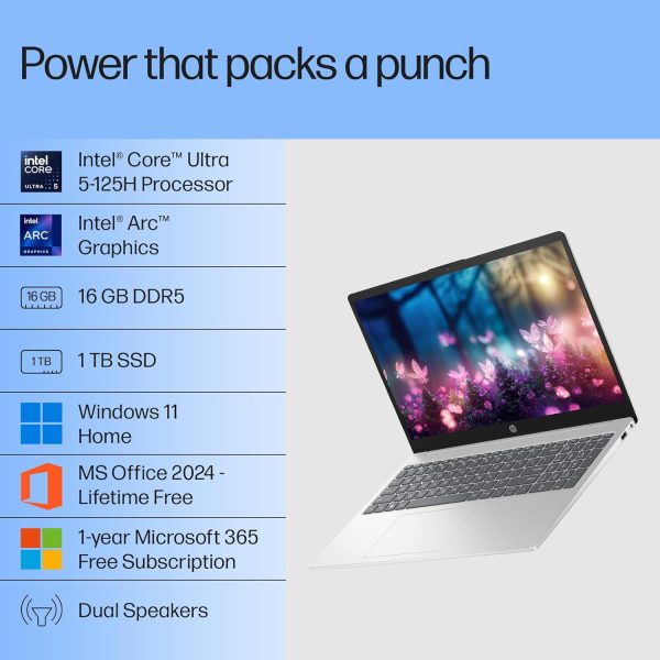 HP 15,Intel Ultra 5 125H (16GB DDR5, 1TB SSD) FHD, IPS, 15.6''/39.6cm, Win11, M365 Basic(1yr)*Office24, Silver, 1.65kg, fd1255tu, Intel Arc Graphics, FHD Camera w/Shutter, AI Powered Laptop - Image 2